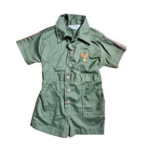 Vintage Health-Tex Toddler Military Pilot Romper 3T Army Green USA Made 70s